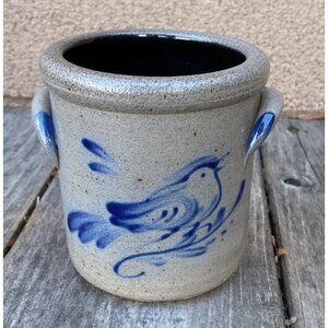 Vintage Rowe Pottery Works, Salt Glazed 4" Crock Blue Bird On Branch 2006 (Bin6K